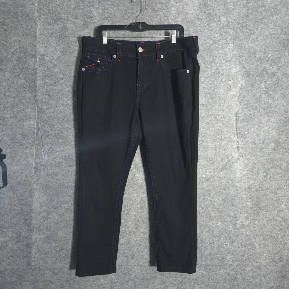 True Religion Geno Mens 34 Black Contrast Stitch Relaxed Slim Jeans Streetwear